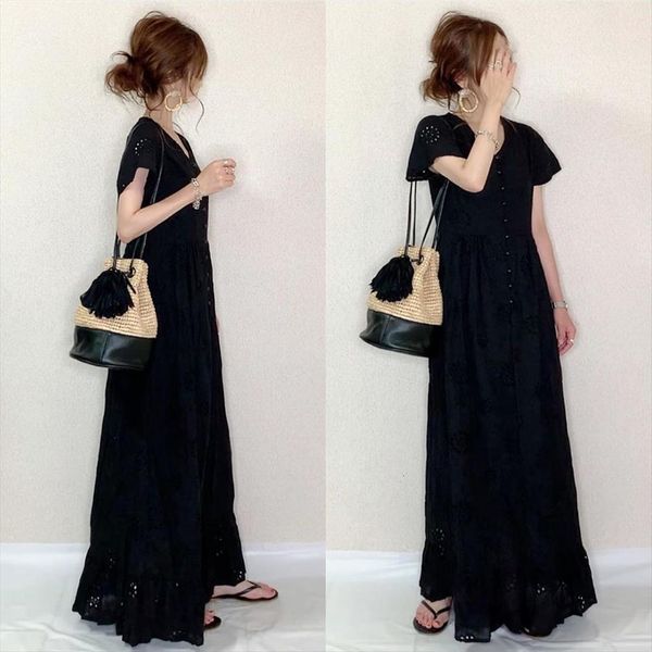 long summer casual pullover women dress button hollow small flower lotus leaf hem ruffle maxi female young simple, Black;gray
long summer casual pullover women dress button hollow small flower lotus leaf hem ruffle maxi female young simple, Black;gray