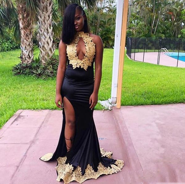 arabic halter split mermaid evening dresses with gold appliques sweep train backless formal prom party gowns, Black;red
arabic halter split mermaid evening dresses with gold appliques sweep train backless formal prom party gowns, Black;red