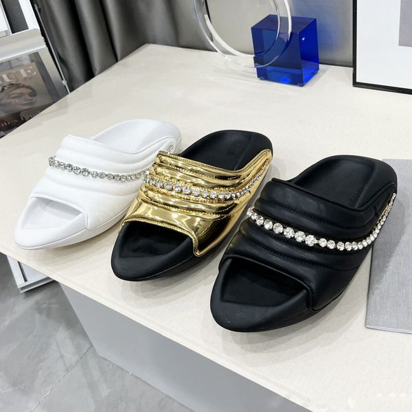 flat thick sole round toe slippers women genuine leather diamond chain bread sandals summer comfor leisure vacation shoes, Black
flat thick sole round toe slippers women genuine leather diamond chain bread sandals summer comfor leisure vacation shoes, Black