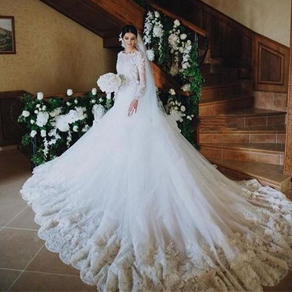 3d flowers wedding dress long sleeves appliqued bridal gowns illusion robe mariage chapel train vestido de noiva, White
3d flowers wedding dress long sleeves appliqued bridal gowns illusion robe mariage chapel train vestido de noiva, White