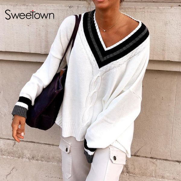 sweetown white oversize y2k jumpers women stripe v neck twist 90s aesthetic knitwear autumn winter korean fashion knit sweaters, Black;white
sweetown white oversize y2k jumpers women stripe v neck twist 90s aesthetic knitwear autumn winter korean fashion knit sweaters, Black;white