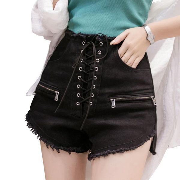 high waist edge jeans women shorts summer bandage fashion student female women's, White;black
high waist edge jeans women shorts summer bandage fashion student female women's, White;black