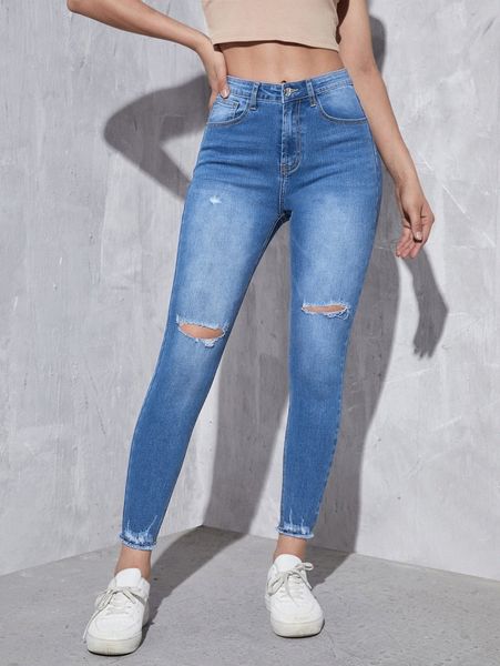 zipper fly ripped raw hem skinny jeans u7ri#, Blue