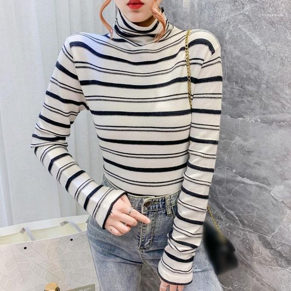 women's t-shirt female students half-high neck striped fashion autumn and winter long-sleeved loose inner base, White
women's t-shirt female students half-high neck striped fashion autumn and winter long-sleeved loose inner base, White