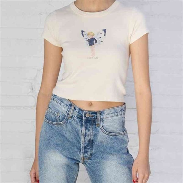 women butterfly fairy print cotton t-shirt summer short sleeve in beige 210324, White
women butterfly fairy print cotton t-shirt summer short sleeve in beige 210324, White