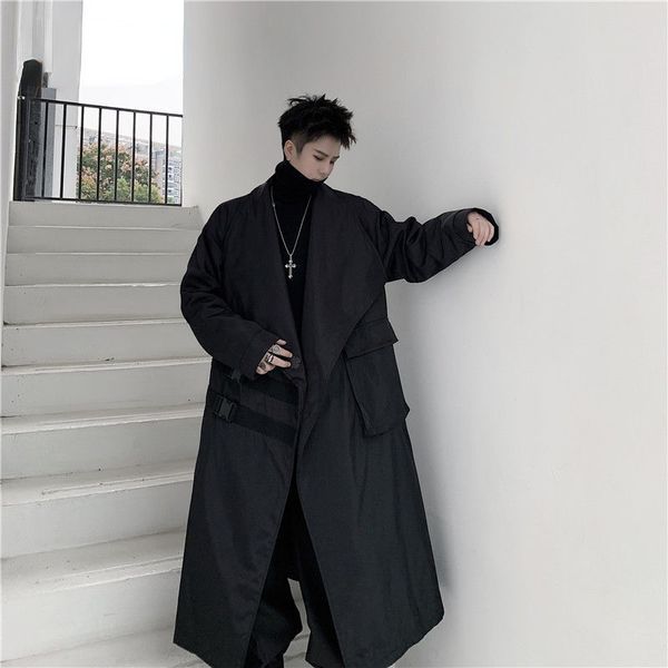 lapel black long trench coat for men 2021 autumn new carabiner decorative pockets loose big size windbreaker, Tan;black 
lapel black long trench coat for men 2021 autumn new carabiner decorative pockets loose big size windbreaker, Tan;black