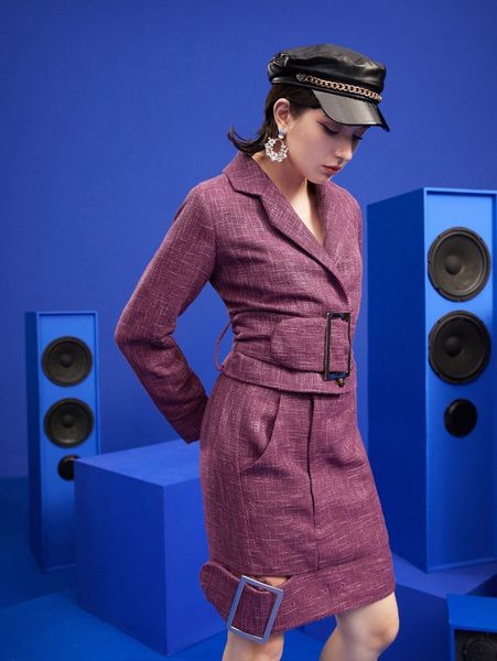x miss bos plaid lapel collar grommet belted overcoat g93r#, Black 
x miss bos plaid lapel collar grommet belted overcoat g93r#, Black