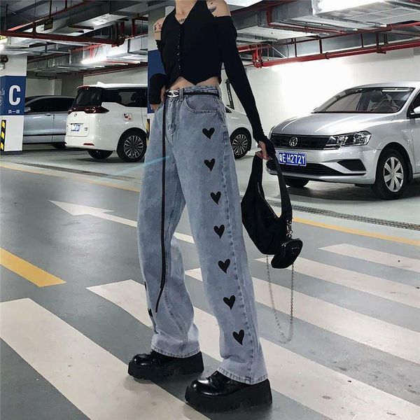 women's jeans love embroidered women 2021 spring/autumn punk goth straight mopping bootcut pants vintage high waist preppy trousers, Blue
women's jeans love embroidered women 2021 spring/autumn punk goth straight mopping bootcut pants vintage high waist preppy trousers, Blue