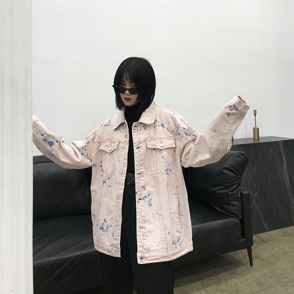women's jackets autumn loose women plus size ink splatter harajuku pink denim jacket streetwear oversized female jean chic couple, Black;brown 
women's jackets autumn loose women plus size ink splatter harajuku pink denim jacket streetwear oversized female jean chic couple, Black;brown