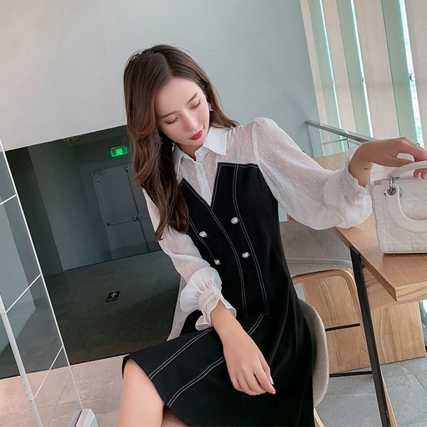 casual drs 2021 spring and autumn dr's small black slim splicing lapel long sleeve waist shirt skirt, Black;gray
casual drs 2021 spring and autumn dr's small black slim splicing lapel long sleeve waist shirt skirt, Black;gray
