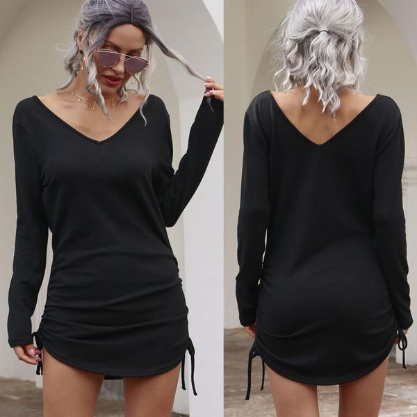 women autumn casual knitted dress solid color long sleeve v-neck ruched drawstring stretch mini for daily leisurewear dresses, Black;gray
women autumn casual knitted dress solid color long sleeve v-neck ruched drawstring stretch mini for daily leisurewear dresses, Black;gray