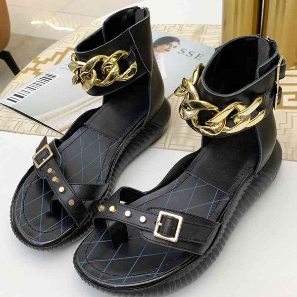 designer new summer women sandals classics retro metal chain cover heel flats genuine leather rivet buckle solid color shoes, Black
designer new summer women sandals classics retro metal chain cover heel flats genuine leather rivet buckle solid color shoes, Black