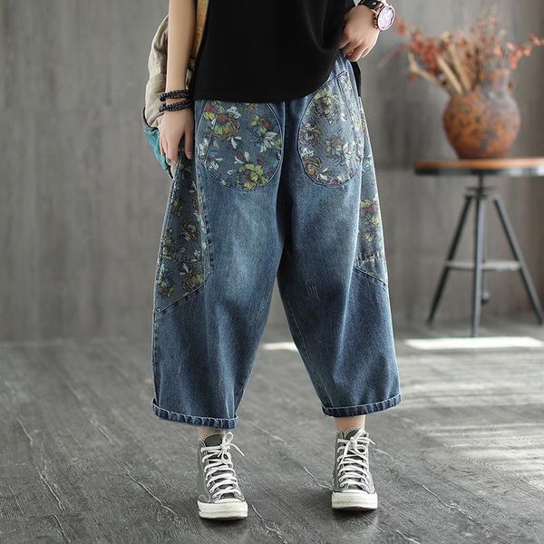 women's jeans 2021 spring autumn large size elastic waist women retro denim pants casual pocket print loose all-match trousers, Blue
women's jeans 2021 spring autumn large size elastic waist women retro denim pants casual pocket print loose all-match trousers, Blue