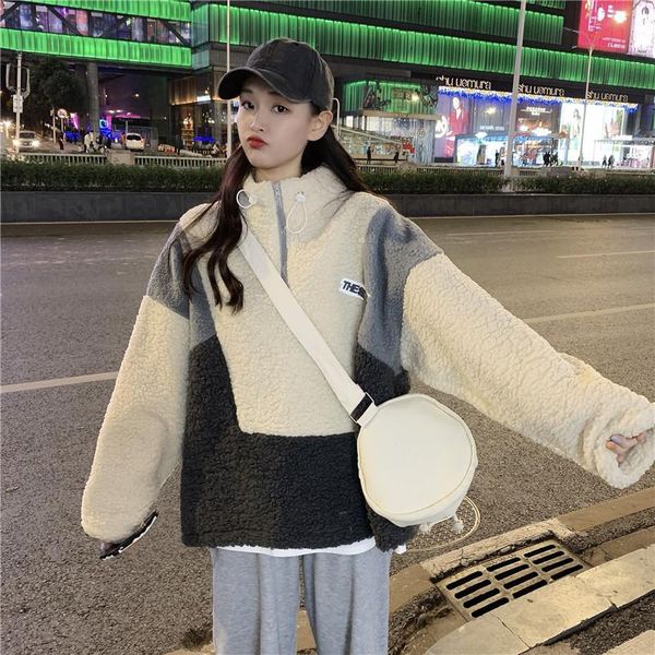 women's wool & blends winter loose fashion stand-up collar polar fleece long-sleeved jacket female college style stitching, Black
women's wool & blends winter loose fashion stand-up collar polar fleece long-sleeved jacket female college style stitching, Black
