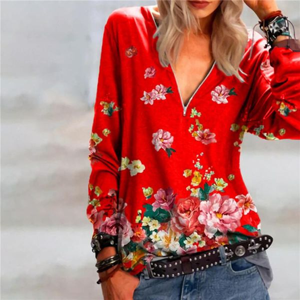 women floral printed long sleeve female zipper v neck t-shirts spring summer pullover lady casual clothes women's t-shirt, White
women floral printed long sleeve female zipper v neck t-shirts spring summer pullover lady casual clothes women's t-shirt, White