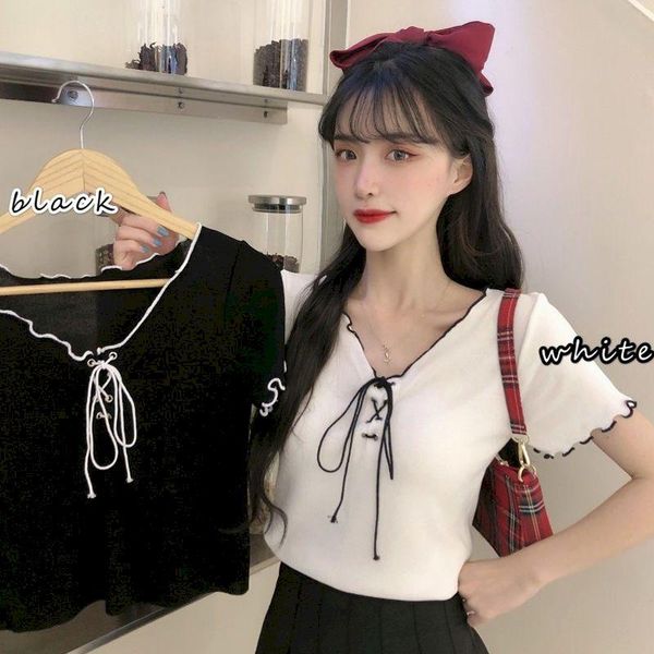 women's t-shirt summer 2021 net red scheming bandage short sleeve sweater with wood ears female wild student trend, White
women's t-shirt summer 2021 net red scheming bandage short sleeve sweater with wood ears female wild student trend, White