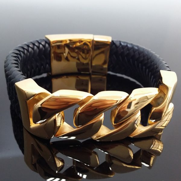 9.05"*24mm 100g new fashion smooth jewelry stainless steel gold curb chain mens boys bracelet bangle with genuine leather f1201, Black
9.05"*24mm 100g new fashion smooth jewelry stainless steel gold curb chain mens boys bracelet bangle with genuine leather f1201, Black