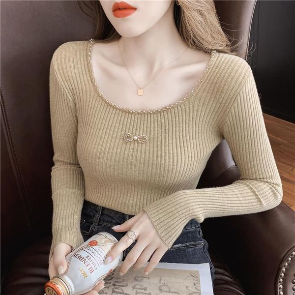 women's sweaters autumn/winter slim studded square collar long sleeve bottoming sweater sweet western style women., White;black
women's sweaters autumn/winter slim studded square collar long sleeve bottoming sweater sweet western style women., White;black