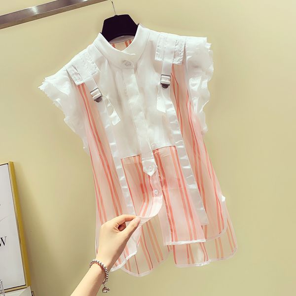 blouses ruffled sleeveless striped lace chiffon blouse for women female summer loose stand collar shirt blusas mujer de moda, White
blouses ruffled sleeveless striped lace chiffon blouse for women female summer loose stand collar shirt blusas mujer de moda, White