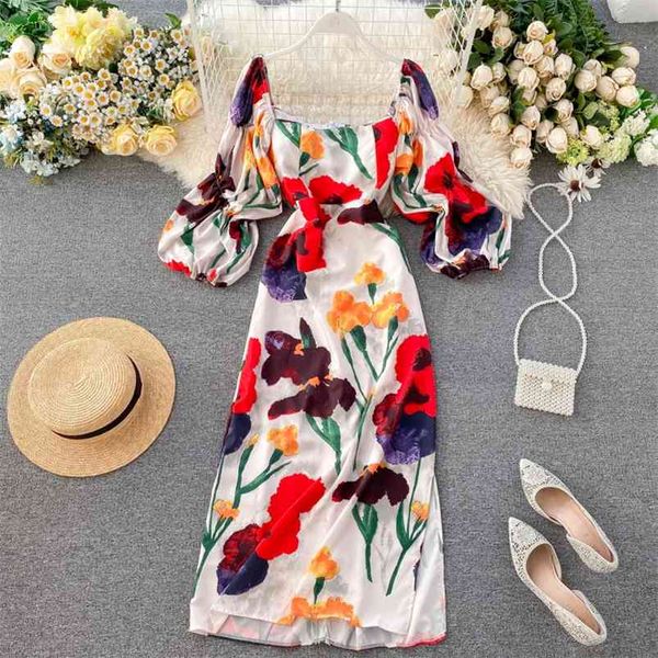 spring autumn women's dress french style puff sleeve printed square neck retro slim long es gx045 210507, Black;gray
spring autumn women's dress french style puff sleeve printed square neck retro slim long es gx045 210507, Black;gray