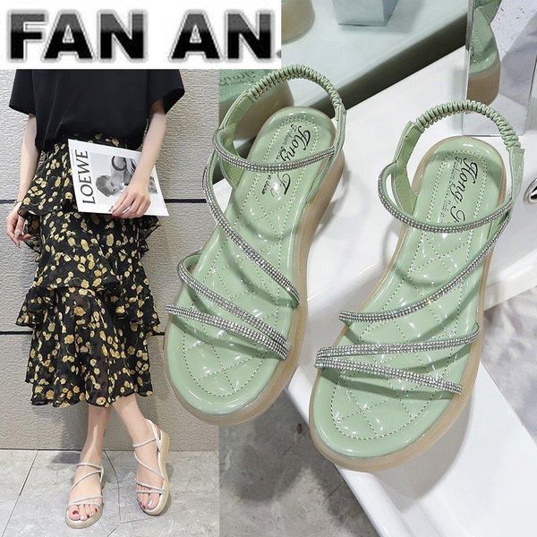 wedges rhinestones gladiator sandals women 2021 height increasing shoes slippers muffins crystal elastic band sandales, Black