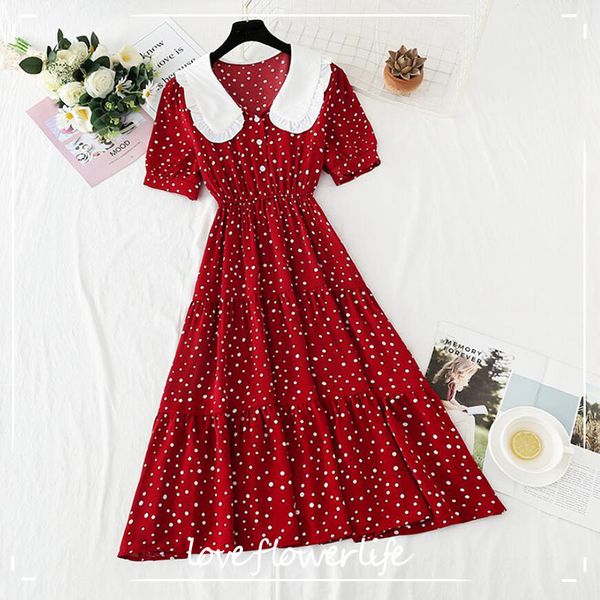 vintage polka dot print women dress summer female elegant short sleeve elastic waist chiffon dresses sweet vestidos 210521, Black;gray
vintage polka dot print women dress summer female elegant short sleeve elastic waist chiffon dresses sweet vestidos 210521, Black;gray