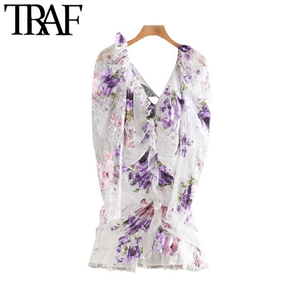 women chic fashion floral print ruffled lace mini dress vintage v neck backless zipper female dresses vestidos 210507, Black;gray
women chic fashion floral print ruffled lace mini dress vintage v neck backless zipper female dresses vestidos 210507, Black;gray