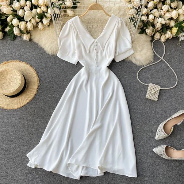 french vintage women dress summer white v-neck short sleeve high waist elegant midi dresses female 2021 sweet sundress coisini women's, White;black
french vintage women dress summer white v-neck short sleeve high waist elegant midi dresses female 2021 sweet sundress coisini women's, White;black