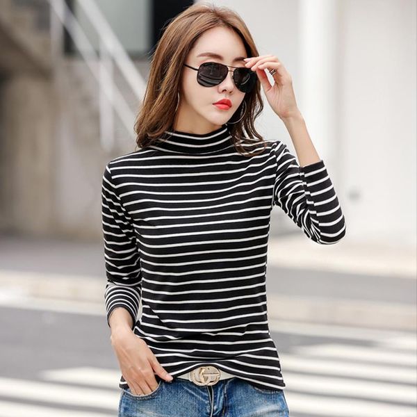 women's t-shirt striped thicken t shirt women turtleneck tshirt woman clothes poleras mujer de moda 2021 fall long sleeve cotton tees f, White
women's t-shirt striped thicken t shirt women turtleneck tshirt woman clothes poleras mujer de moda 2021 fall long sleeve cotton tees f, White
