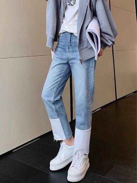kuho korean xiaoo20 autumn fashionable white wide edge stitching design high waist straight tube rough nine point jeans, Blue
kuho korean xiaoo20 autumn fashionable white wide edge stitching design high waist straight tube rough nine point jeans, Blue