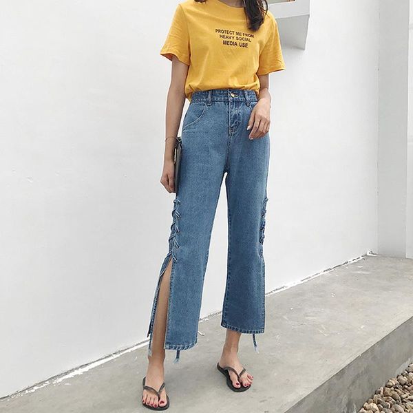 women's jeans women high waist wide-leg pants ladies side split slim loose button pocket trousers 11247, Blue
women's jeans women high waist wide-leg pants ladies side split slim loose button pocket trousers 11247, Blue