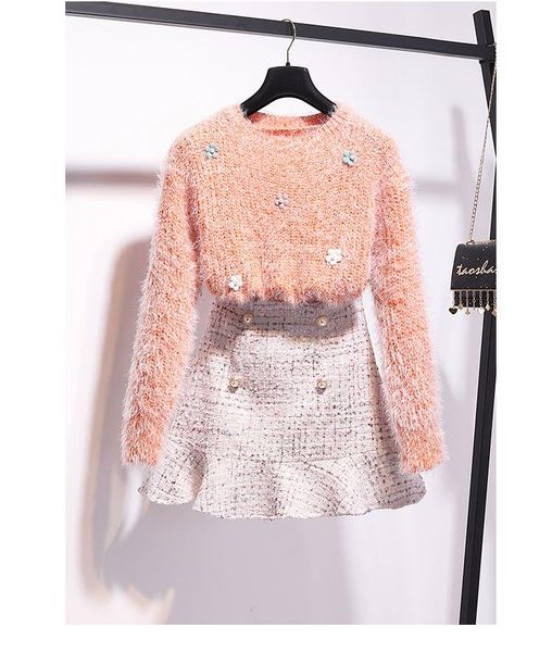 two piece dress floral knitted long sleeve fashion o-neck sweet women sweaters +autumn winter tweed plaid ruffles high waist mini skirts, White
two piece dress floral knitted long sleeve fashion o-neck sweet women sweaters +autumn winter tweed plaid ruffles high waist mini skirts, White