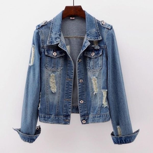 women's jackets 2021 autumn plus size slim short denim jacket women korean holes frayed outerwear vintage long sleeve jeans coat female, Black;brown
women's jackets 2021 autumn plus size slim short denim jacket women korean holes frayed outerwear vintage long sleeve jeans coat female, Black;brown