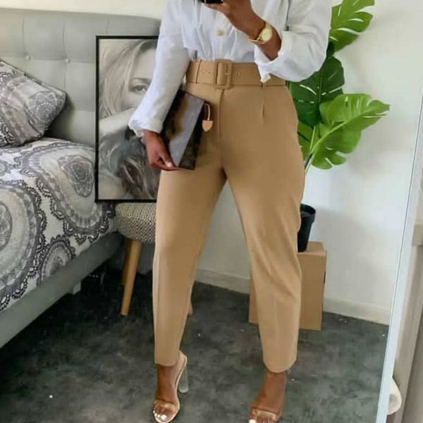 women high waist pants with waist belt elegant office ladies fashion work female modest green pink yellow large size african cx220310, Black;white
women high waist pants with waist belt elegant office ladies fashion work female modest green pink yellow large size african cx220310, Black;white