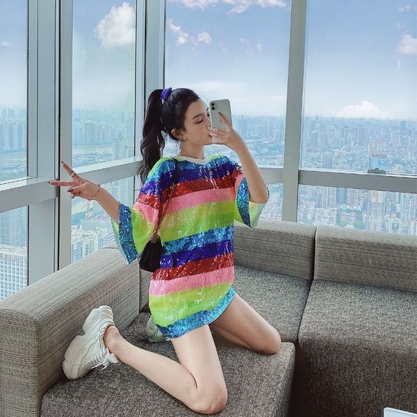 tee oversize women rainbow striped sequined long colorful contrast half sleeves fashion t-shirt, White
tee oversize women rainbow striped sequined long colorful contrast half sleeves fashion t-shirt, White