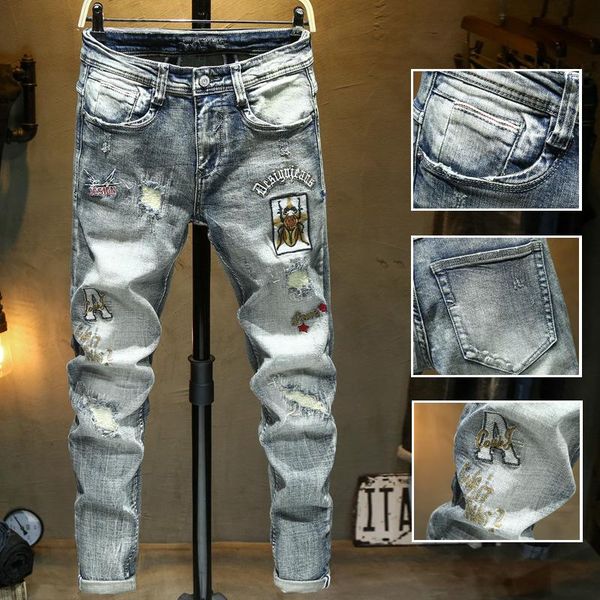 men's jeans streetwear spring and autumn denim pants individuality embroidery straight slim korean style washed cowboys trousers, Blue
men's jeans streetwear spring and autumn denim pants individuality embroidery straight slim korean style washed cowboys trousers, Blue