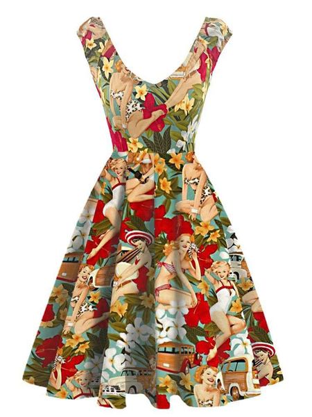 summer romc fresh print v-neck closed waist open back short sleeve large swing women's dress, Black;gray
summer romc fresh print v-neck closed waist open back short sleeve large swing women's dress, Black;gray