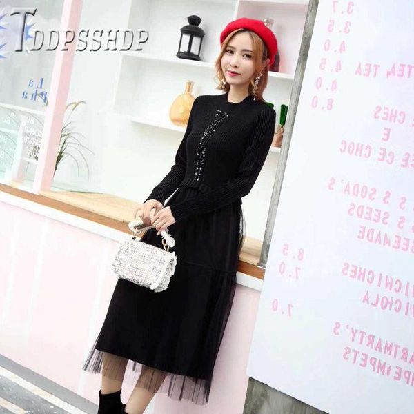 casual dresses 2021 korean autumn winter beading women dress patchwork pleated female, Black;gray 
casual dresses 2021 korean autumn winter beading women dress patchwork pleated female, Black;gray