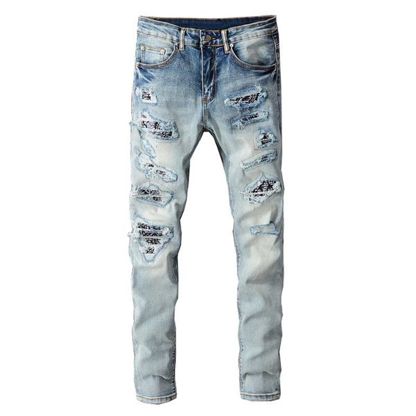 men's jeans gzdeerax mens bandanna paisley printed patchwork streetwear holes ripped stretch denim pants slim skinny pencil trousers, Blue
men's jeans gzdeerax mens bandanna paisley printed patchwork streetwear holes ripped stretch denim pants slim skinny pencil trousers, Blue