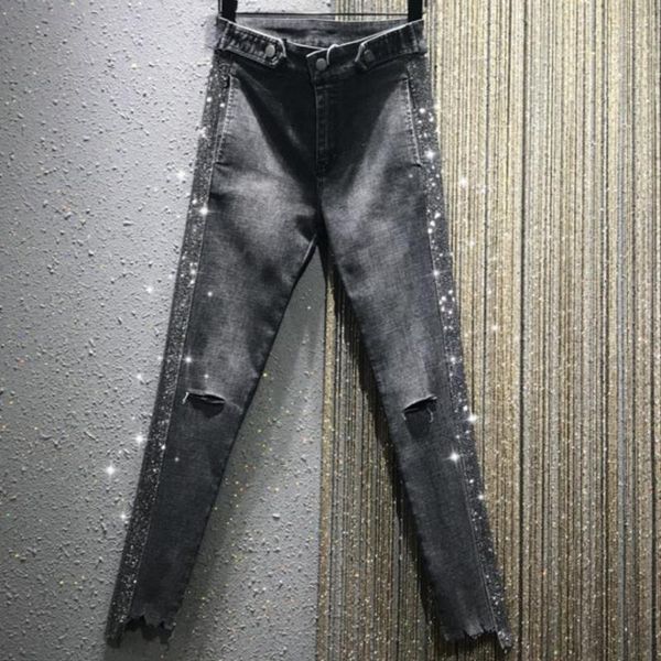 women's jeans 2021 autumn fashion high waist heavy work rhinestone drilling women skinny hole pencil, Blue
women's jeans 2021 autumn fashion high waist heavy work rhinestone drilling women skinny hole pencil, Blue