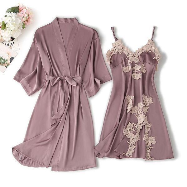 women's sleepwear 2pcs robe set satin women kimono bath gown silky intimate lingerie with lace appliques bridal wedding gift, Black;red
women's sleepwear 2pcs robe set satin women kimono bath gown silky intimate lingerie with lace appliques bridal wedding gift, Black;red
