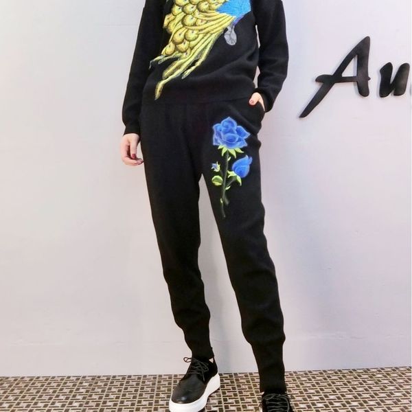 tracksuits fashion sport suit 2021 autumn and winter peacock flower knitted sweater two piece for women, Gray