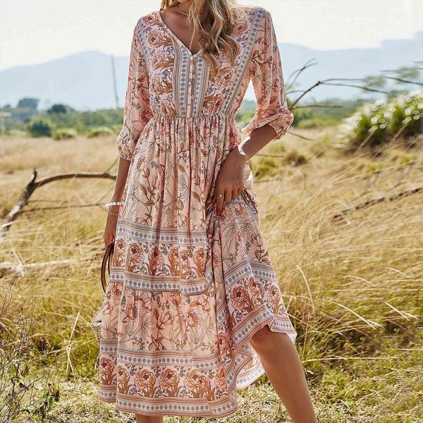 f vintage bohe dress women tracksuits floral printing v neck style middle sleeve summer elegant big swing woman robe, Gray
f vintage bohe dress women tracksuits floral printing v neck style middle sleeve summer elegant big swing woman robe, Gray