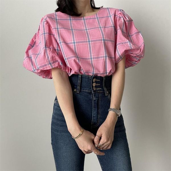 women's blouses & shirts design loose niche puff sleeve plaid shirt, White 
women's blouses & shirts design loose niche puff sleeve plaid shirt, White
