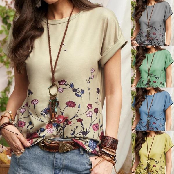 women's t-shirt summer printed round neck short sleeve solid color floral print tee casual loose female pullover, White
women's t-shirt summer printed round neck short sleeve solid color floral print tee casual loose female pullover, White