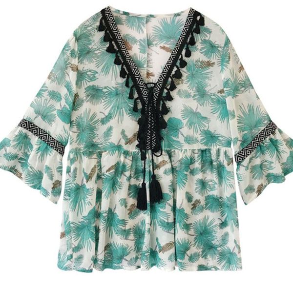 women's blouses & shirts summer floral chiffon loose blouse fashion tassel half flare sleeve v-neck casual 2021 printing blusas mujer, White
women's blouses & shirts summer floral chiffon loose blouse fashion tassel half flare sleeve v-neck casual 2021 printing blusas mujer, White