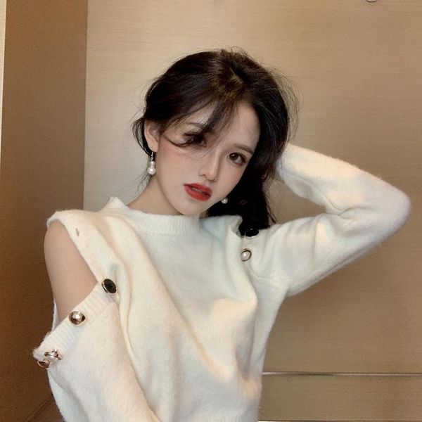 off shoulder in autumn and winter, long sved sweaters with detachable diagonal buttons, White;black
off shoulder in autumn and winter, long sved sweaters with detachable diagonal buttons, White;black