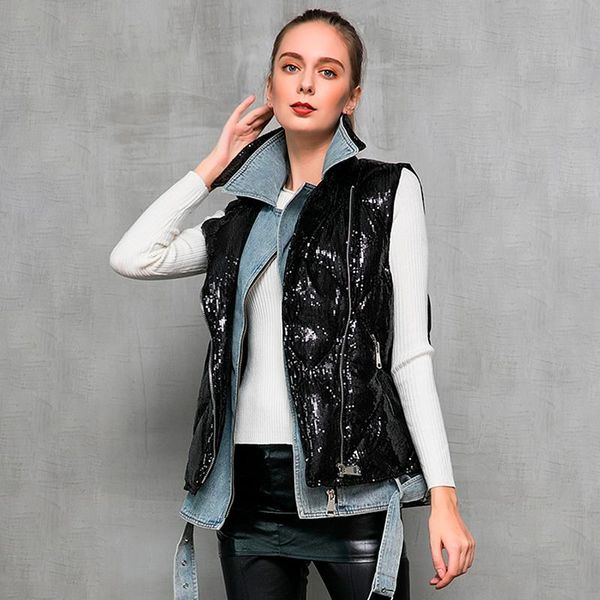 women's vests autumn winter women sequined white duck down coat vest female stitching denim short puffer jackets thicken, Black;white
women's vests autumn winter women sequined white duck down coat vest female stitching denim short puffer jackets thicken, Black;white