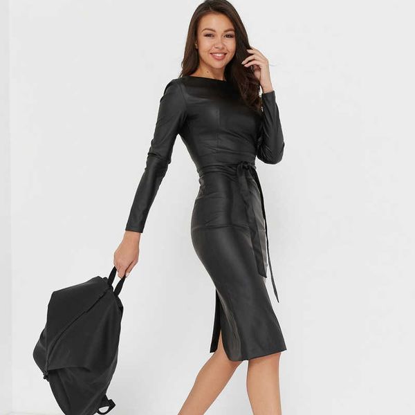 women elegant matt pu leather pencil dress vintage sashes o neck long sleeve solid warm slim dress bodycon party holiday dress 210706, Black;gray
women elegant matt pu leather pencil dress vintage sashes o neck long sleeve solid warm slim dress bodycon party holiday dress 210706, Black;gray