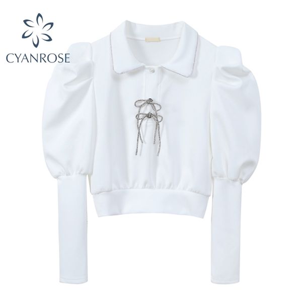 chic crop blouses bownot elegant puff long sleeve shirts women lapel white&black retro ins pullover short blusas 210430
chic crop blouses bownot elegant puff long sleeve shirts women lapel white&black retro ins pullover short blusas 210430